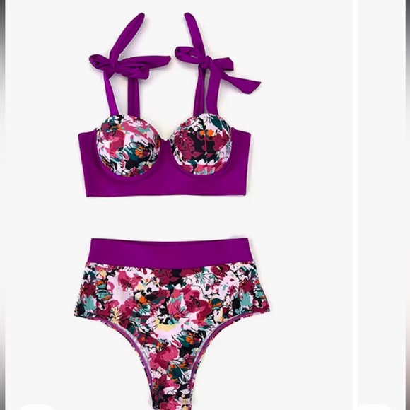 High Waist Bikini Set Swimwear Purple Floral PushUp Underwire Swimsuit Beach (L) - Picture 4 of 15